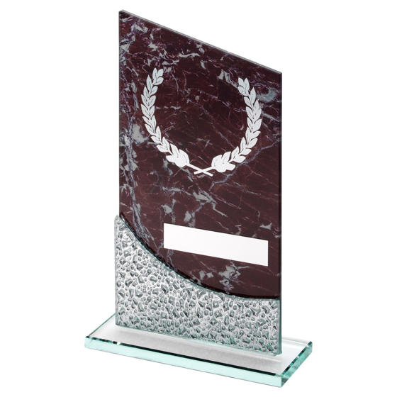 BROWN MARBLE PRINTED GLASS PLAQUE WITH SILV DETAIL WITH PLATE (2in CEN) - 7.5in 191MM