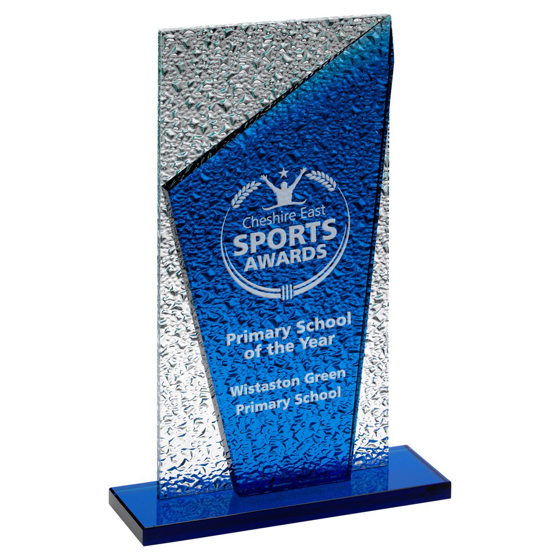 BLUE GLASS PLAQUE AND BASE WITH CLEAR FROSTED BACKDROP - 10.5in 267MM