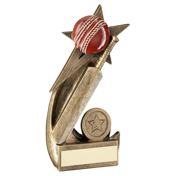 Picture of BRZ/GOLD/RED CRICKET BALL AND BAT ON SHOOTING STAR WITH PLATE (1in CEN) - 4.5in