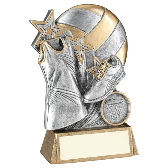 Picture of Pew/gold Netball With Shoe And Dress On Brz Base With Plate (1in Cen) - 6.25"