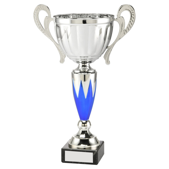 Picture of Silver/blue 3/4 Bowl With Handle Trophy Cup With Plate - 10.5in