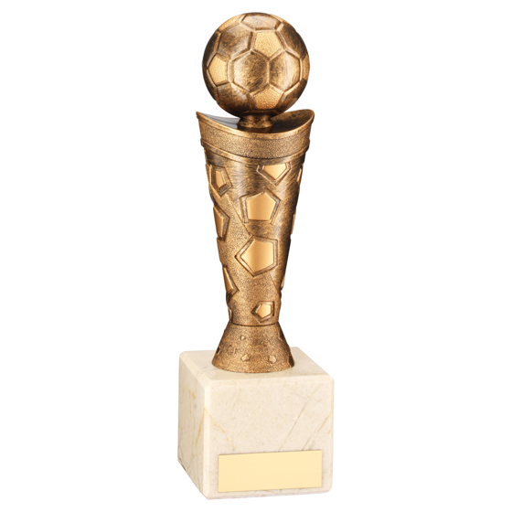 Picture of BRONZE/GOLD PLASTIC FOOTBALL FIGURE ON CREAM MARBLE TROPHY - (1in CEN) 10in