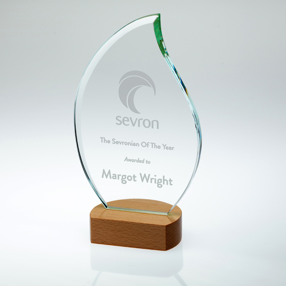 Picture of Clear Glass Flame On Light Wood Base (10mm Thick) - 9in
