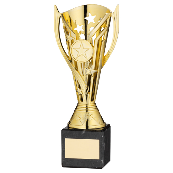 Picture of GOLD PLASTIC 'FLASH' CUP ON BLACK MARBLE ASSEMBLED TROPHY (1" CEN) - 10in
