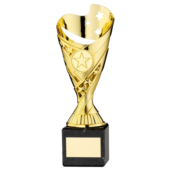 Picture of GOLD PLASTIC 'SABRE' CUP ON BLACK MARBLE ASSEMBLED TROPHY (1" CEN) - 10in