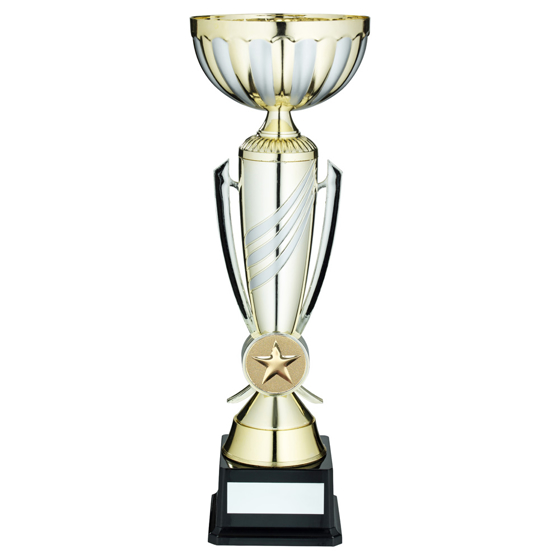 Picture of Gold/matt Silver 3 Stripe Trophy Cup With Plate (2in Centre) - 13.75in