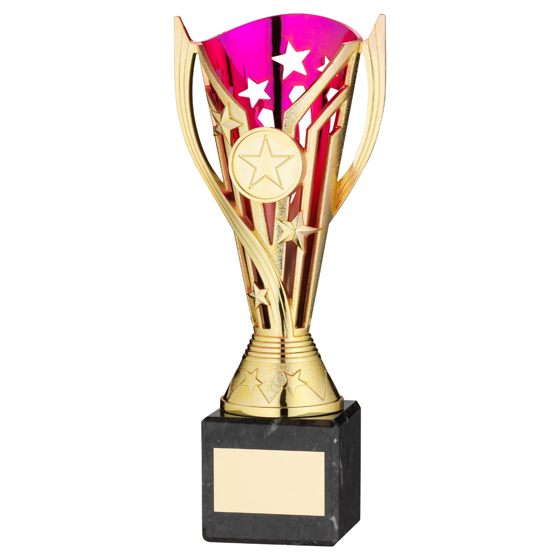 Picture of Gold/purple Plastic 'flash' Cup On Blk Marble Assembled Trophy (1" Cen) - 8in