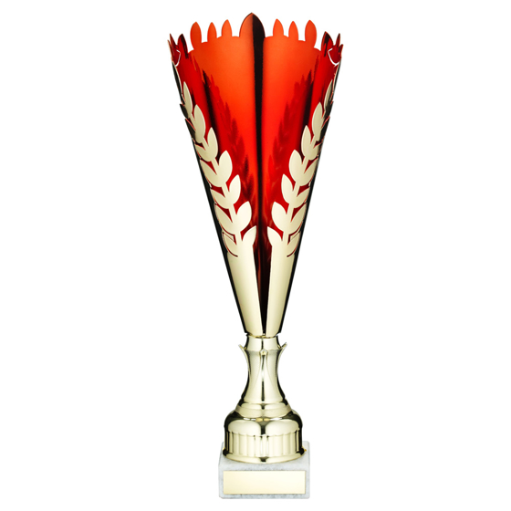 Picture of Gold/red Metal Wreath Trophy Cup With Plate - 15.5in