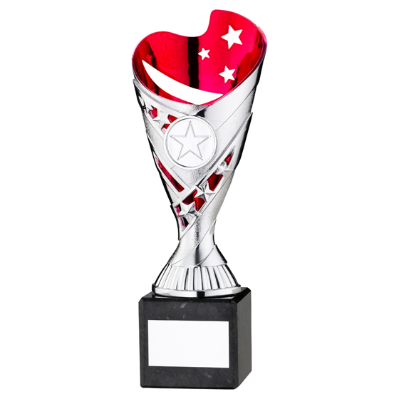Picture of SILVER/PINK PLASTIC 'SABRE' CUP ON BLK MARBLE ASSEMBLED TROPHY (1" CEN) - 10in