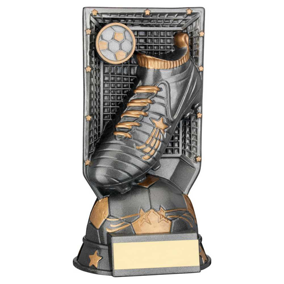 Picture of Gunmetal Grey/gold Filled Plastic Football Boot On Net & Plate (1in Cen) - 8"