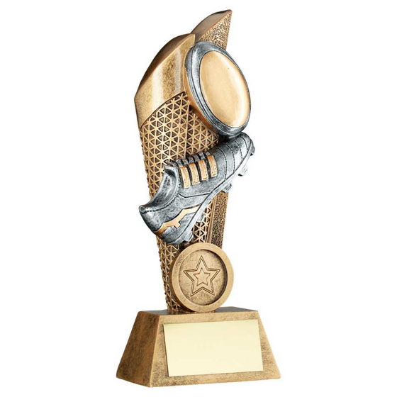 Picture of Brz/pew/gold Rugby Ball And Boot On Mesh Backdrop With Plate (1in Cen) - 6in