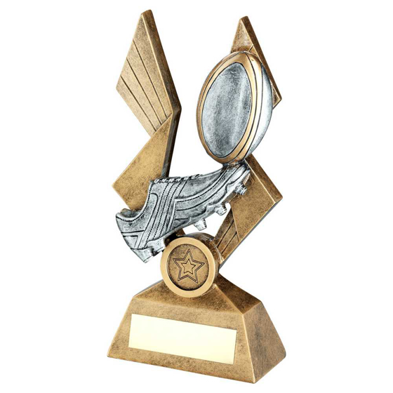 Picture of Brz/pew/gold Rugby Ball And Boot On Pointed Backdrop With Plate (1in Cen) - 8in