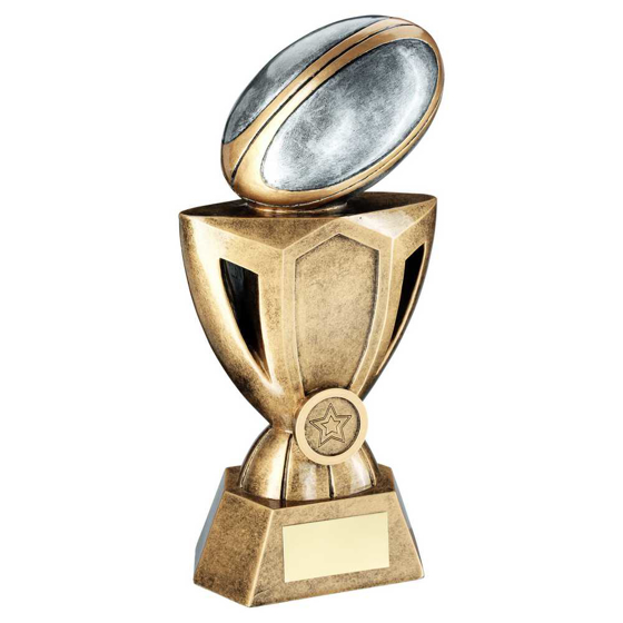 Picture of Brz/pew/gold Rugby Ball On Cup Riser With Plate (1in Centre) - 8in