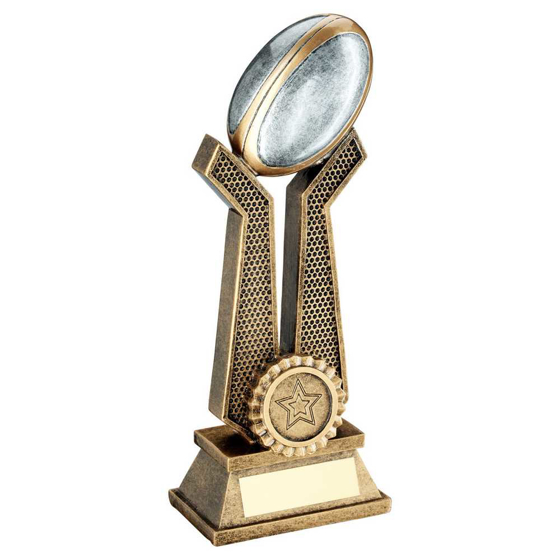 Picture of Brz/pew/gold Rugby Ball On Twin Prongs With Plate (1in Centre) - 6in