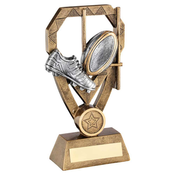 Picture of Brz/pew/gold Rugby Boot And Ball & Posts On Diamond With Plate (1in Cen) - 7in