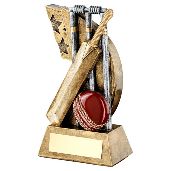 Picture of Brz/pew/red Cricket Stumps/bat/ball On Star Swoosh With Plate - 5.25in
