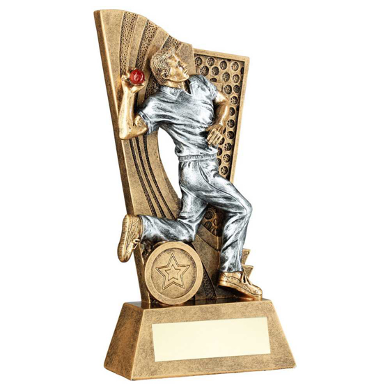 Picture of Brz/pew/red Male Cricket Bowler On Backdrop With Plate (1in Centre) - 7.5in