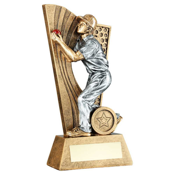 Picture of Brz/pew/red Male Cricket Fielder On Backdrop With Plate (1in Centre) - 7.5in
