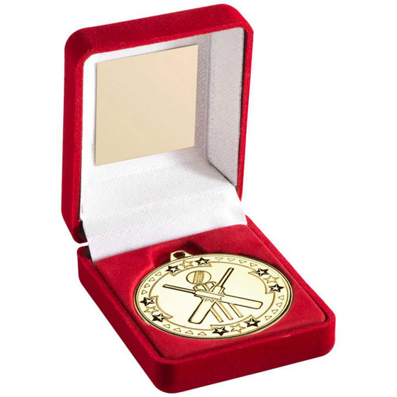 Picture of Red Velvet Box And 50mm Medal Cricket Trophy Gold - 3.5in