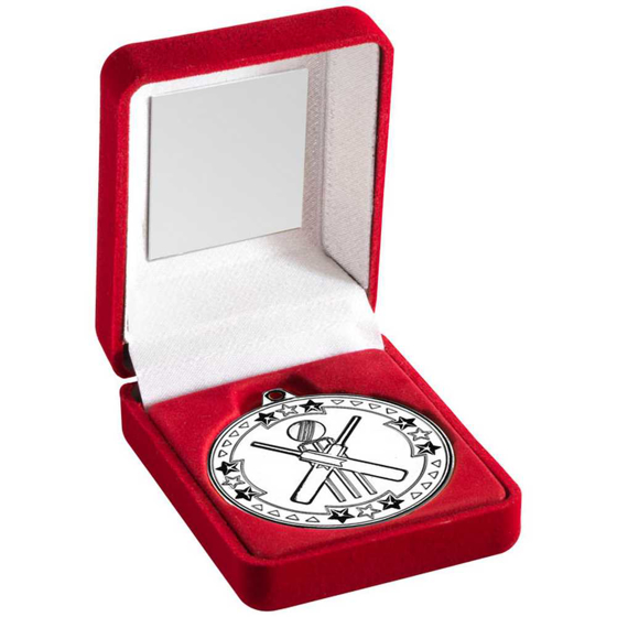 Picture of Red Velvet Box And 50mm Medal Cricket Trophy Silver - 3.5in