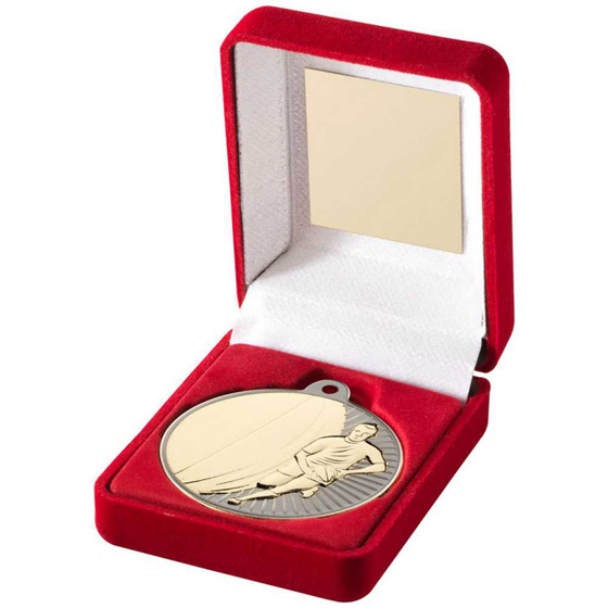 Picture of Red Velvet Box And 50mm Rugby Medal Trophy Matt Silver/gold - 3.5in