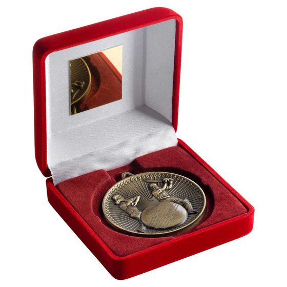 Picture of Red Velvet Box And 60mm Medal Cricket Trophy Antique Gold - 4in