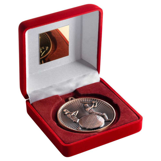 Picture of Red Velvet Box And 60mm Medal Cricket Trophy Bronze - 4in